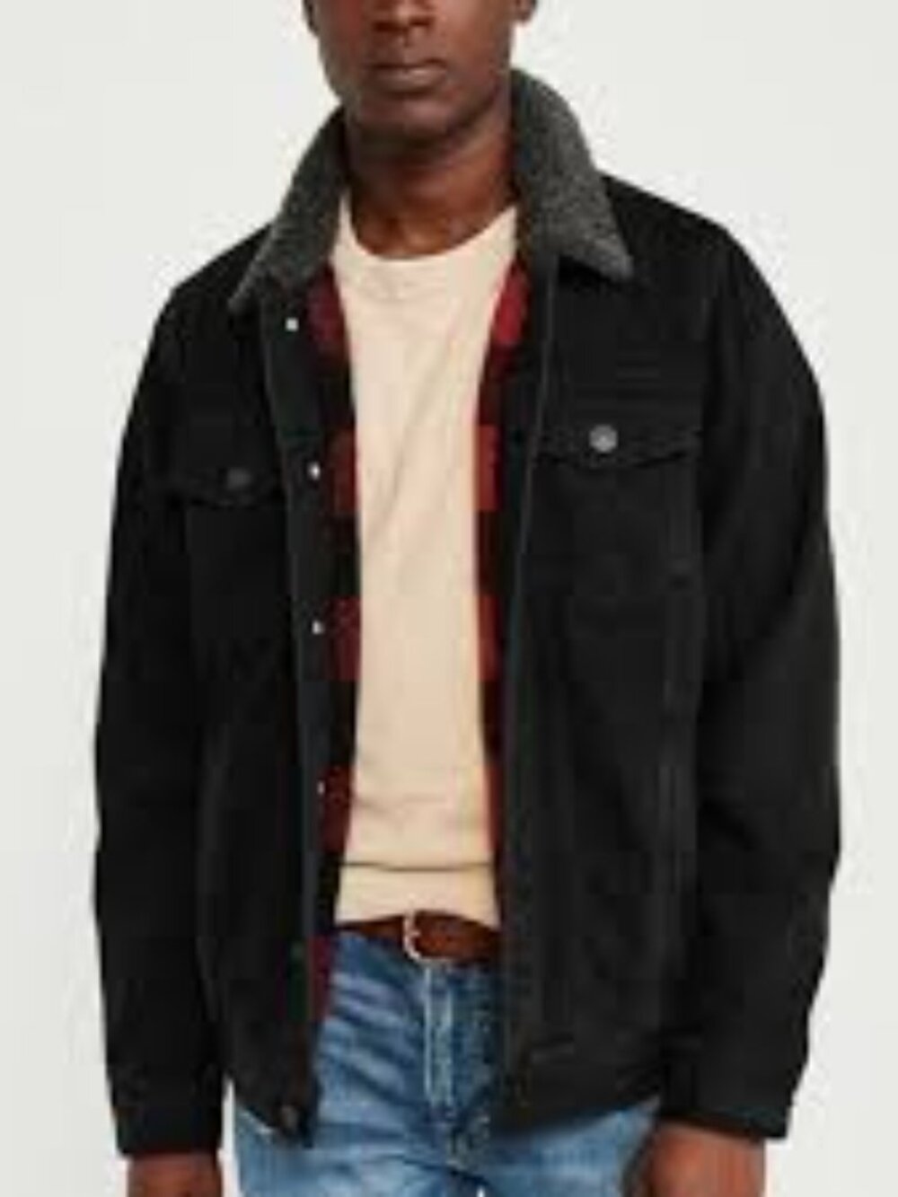 Abercrombie & Fitch Men’s Black Denim Sherpa Lined Trucker Jacket Red Plaid